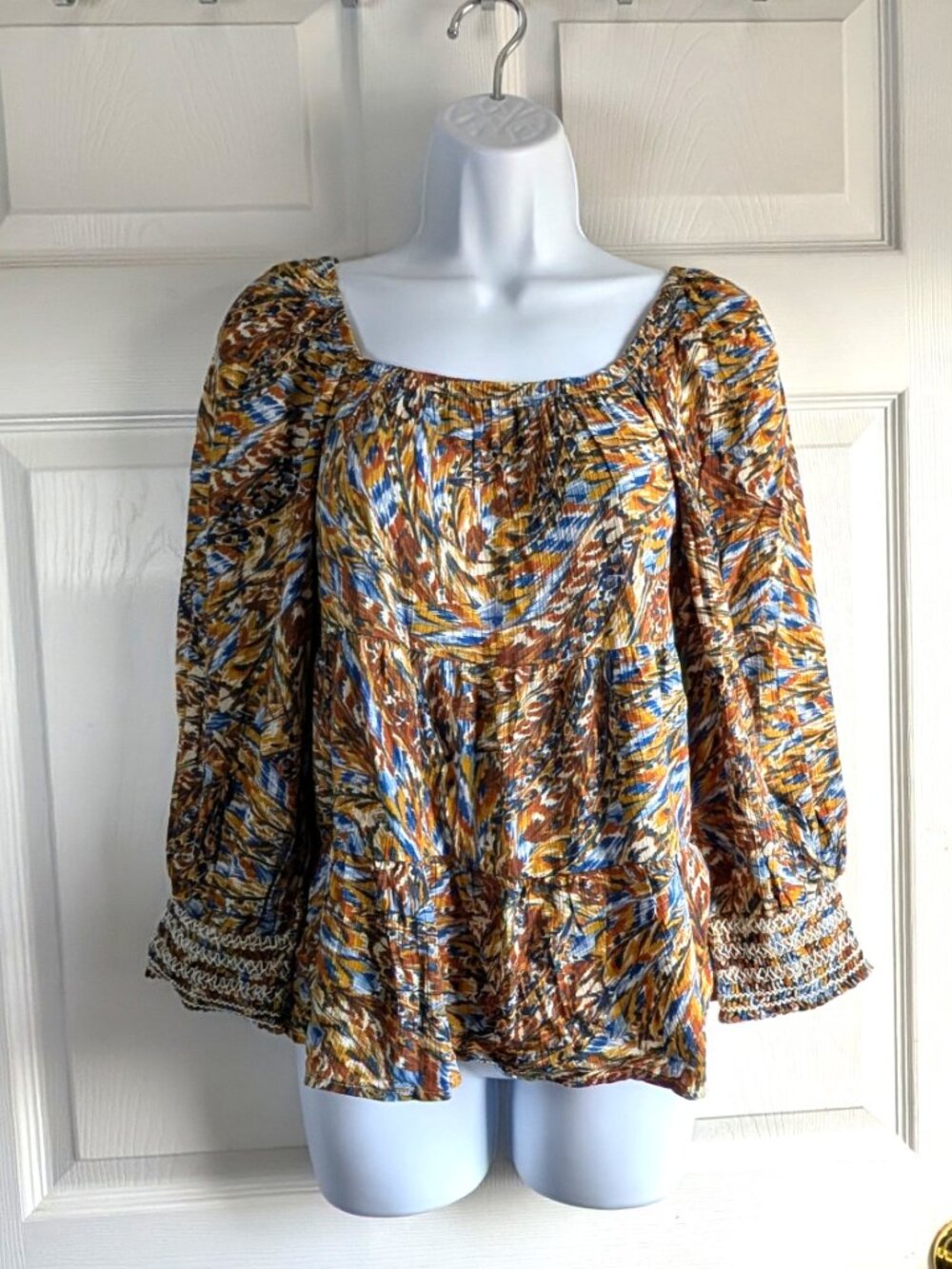 Cupio Multi-Color Printed Peasant Blouse - Blue/Brown/Yellow
